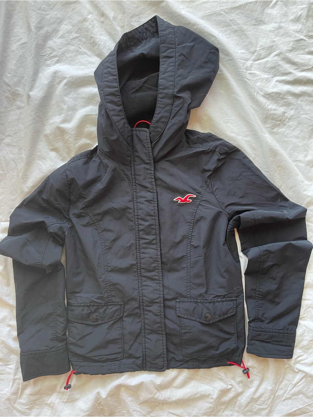 Hollister Black Hooded Rain Jacket with Red Logo Accent